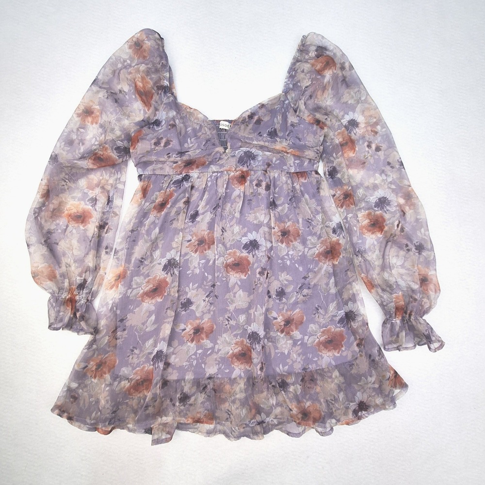 Allison & Kelly Dress Womens Medium Purple Floral Smocked Chiffon Babydoll Mini